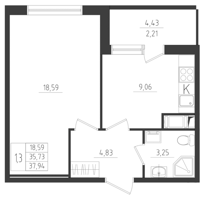 1-комнатная квартира, 37.94 м² в ЖК "Новикола" - планировка, фото №1