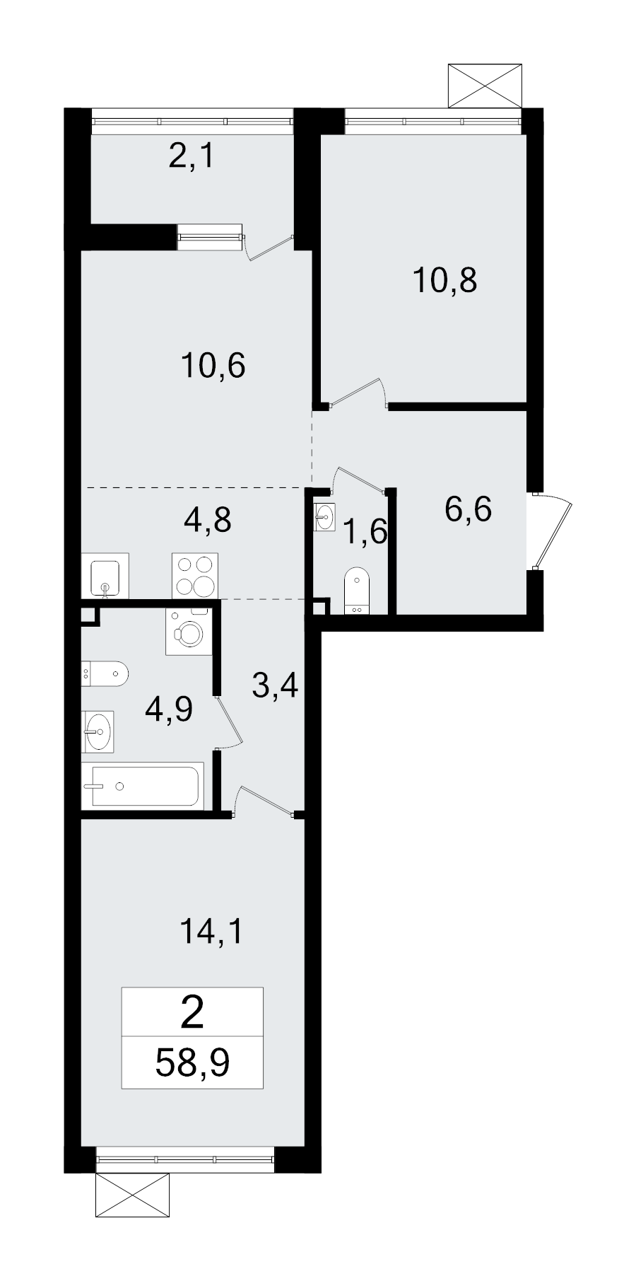 3-комнатная (Евро) квартира, 58.9 м² - планировка, фото №1