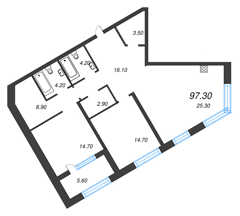 3-комнатная (Евро) квартира, 97.3 м² - планировка, фото №1