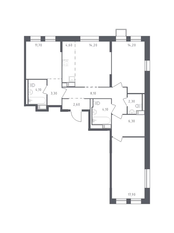 4-комнатная (Евро) квартира, 93.4 м² в ЖК "Курортный Квартал" - планировка, фото №1