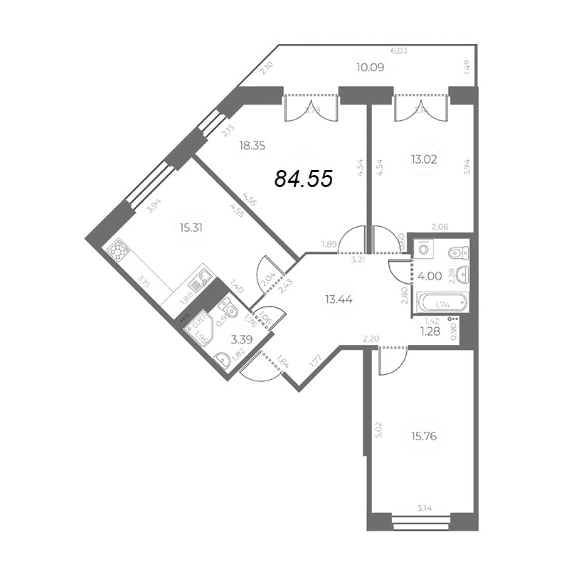 4-комнатная (Евро) квартира, 87.58 м² - планировка, фото №1