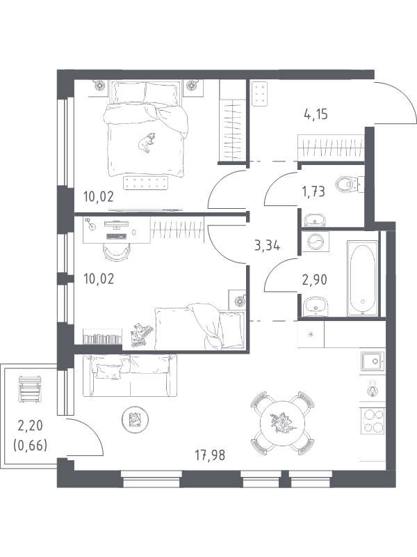 3-комнатная (Евро) квартира, 50.8 м² в ЖК "Невская Долина" - планировка, фото №1