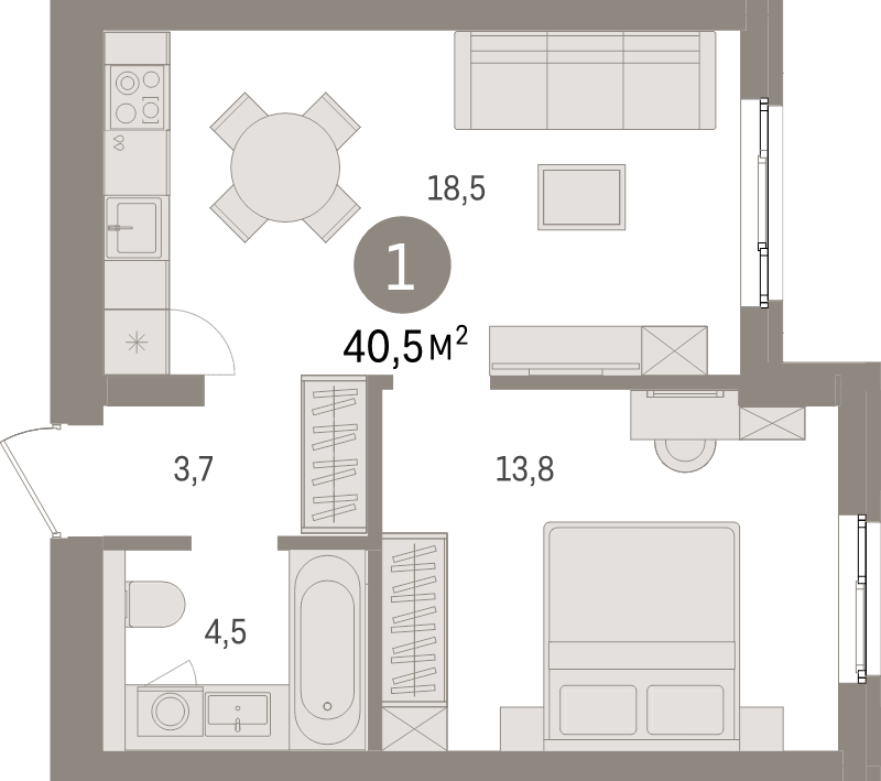 2-комнатная (Евро) квартира, 40.5 м² в ЖК "Брусника в Новоселье" - планировка, фото №1