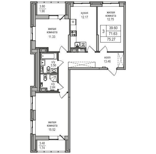 3-комнатная квартира, 74.7 м² в ЖК "Северная Долина" - планировка, фото №1