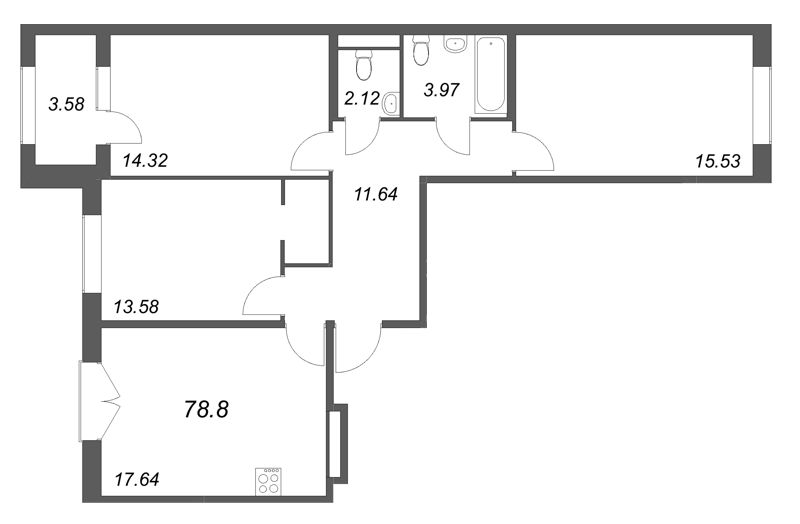 4-комнатная (Евро) квартира, 78.8 м² в ЖК "Дубровский" - планировка, фото №1