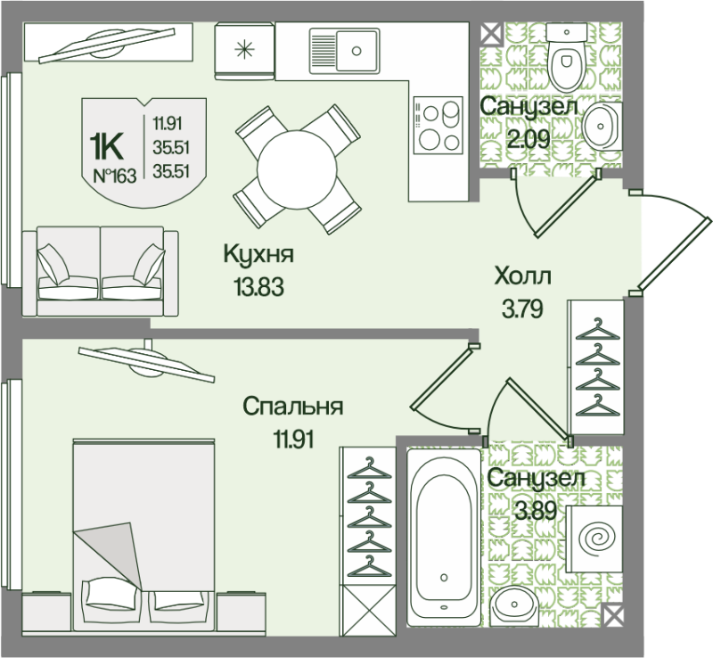 1-комнатная квартира, 35.51 м² в ЖК "Охтинские высоты" - планировка, фото №1