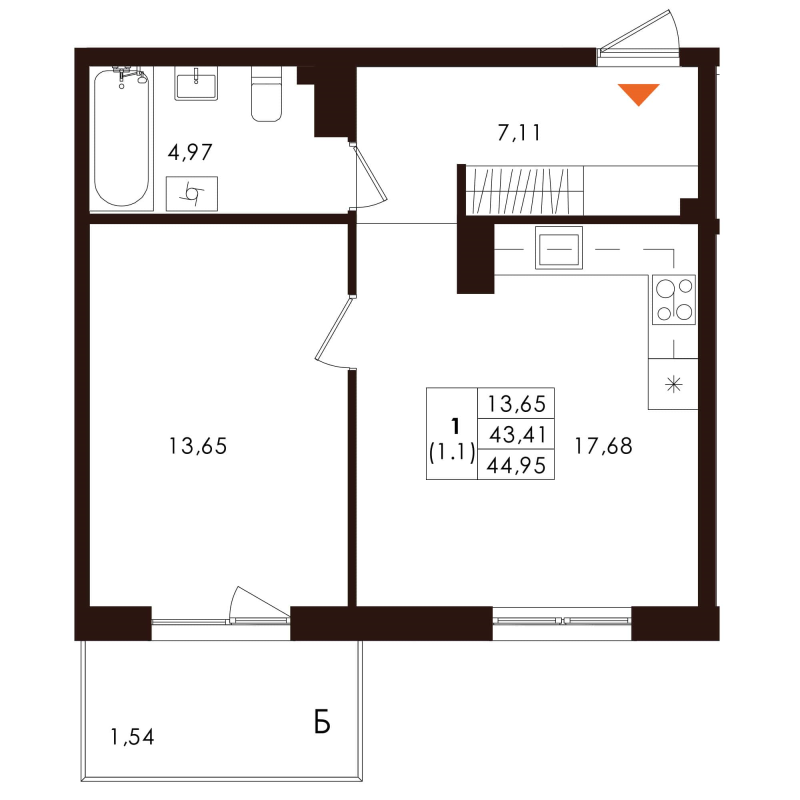 2-комнатная (Евро) квартира, 44.95 м² в ЖК "Лисино" - планировка, фото №1