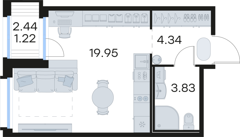 Квартира-студия, 29.34 м² в ЖК "GloraX Парголово" - планировка, фото №1