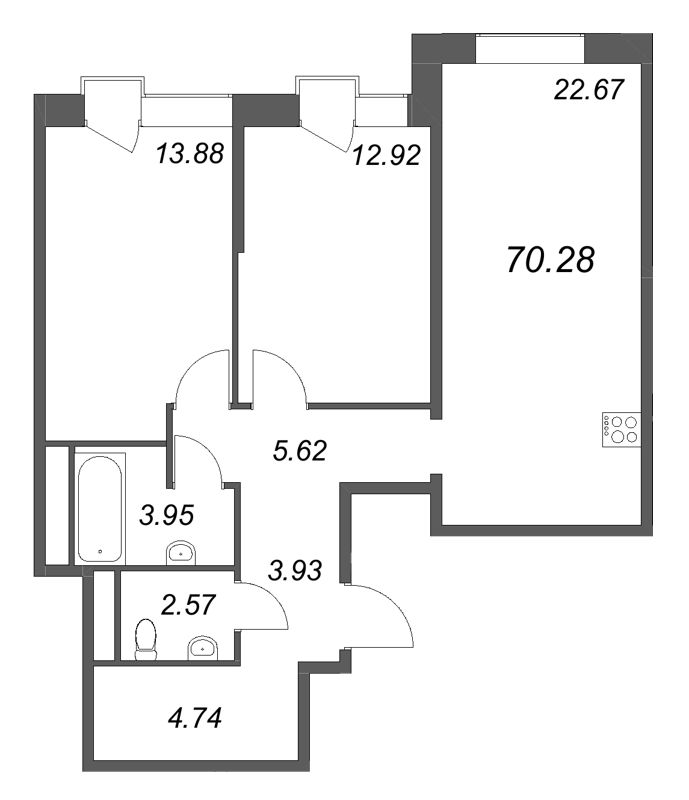 3-комнатная (Евро) квартира, 69.83 м² в ЖК "Avant" - планировка, фото №1