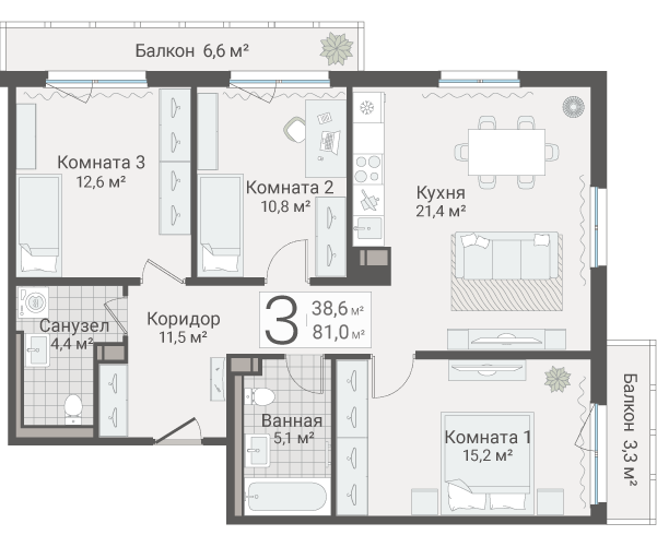 4-комнатная (Евро) квартира, 81 м² в ЖК "Руднева 15" - планировка, фото №1