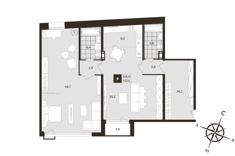 2-комнатная (Евро) квартира, 126 м² в ЖК "Дом на Бронницкой" - планировка, фото №1