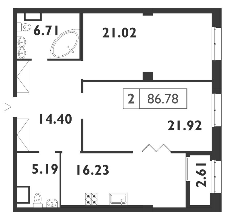 3-комнатная (Евро) квартира, 87.1 м² - планировка, фото №1
