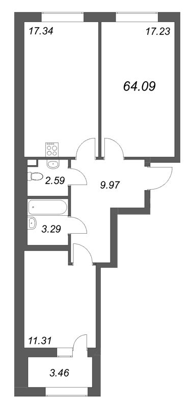 3-комнатная (Евро) квартира, 64.09 м² в ЖК "Аквилон Солар" - планировка, фото №1