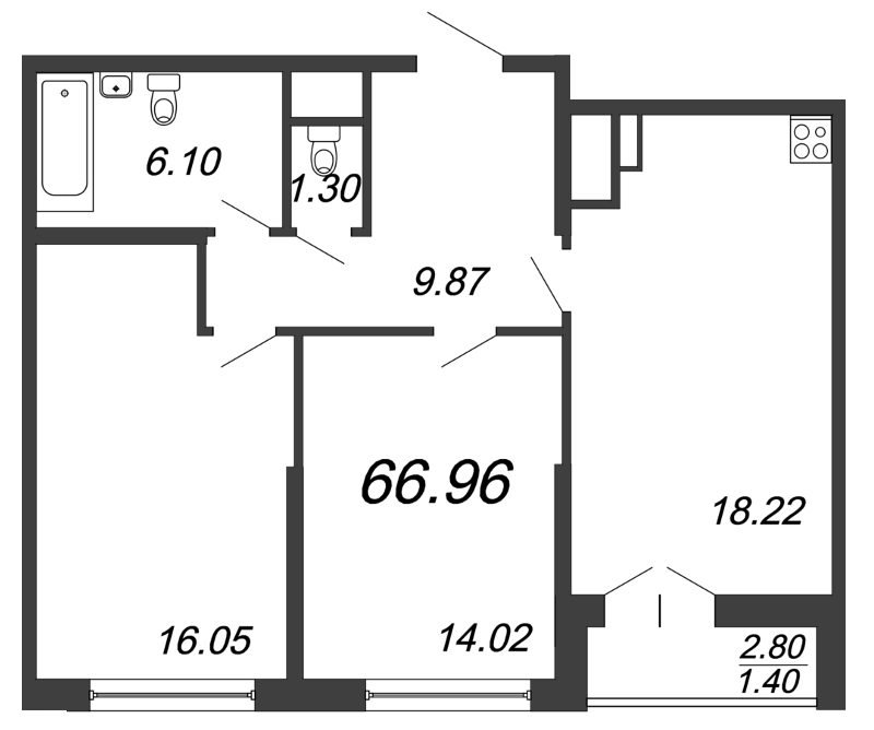 3-комнатная (Евро) квартира, 66.96 м² - планировка, фото №1
