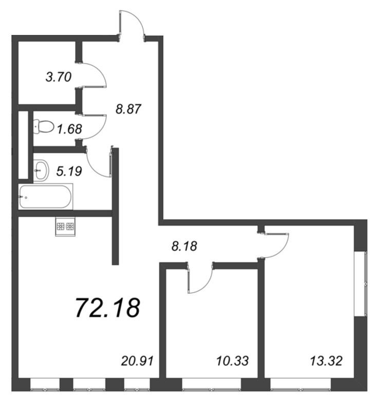 3-комнатная (Евро) квартира, 74.7 м² - планировка, фото №1