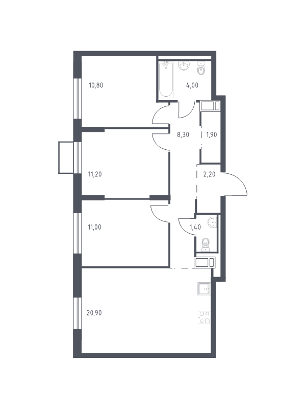 4-комнатная (Евро) квартира, 71.1 м² в ЖК "Курортный Квартал" - планировка, фото №1