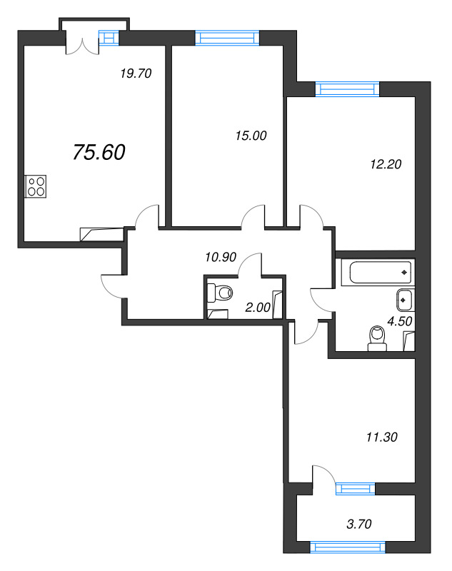 4-комнатная (Евро) квартира, 75.6 м² - планировка, фото №1