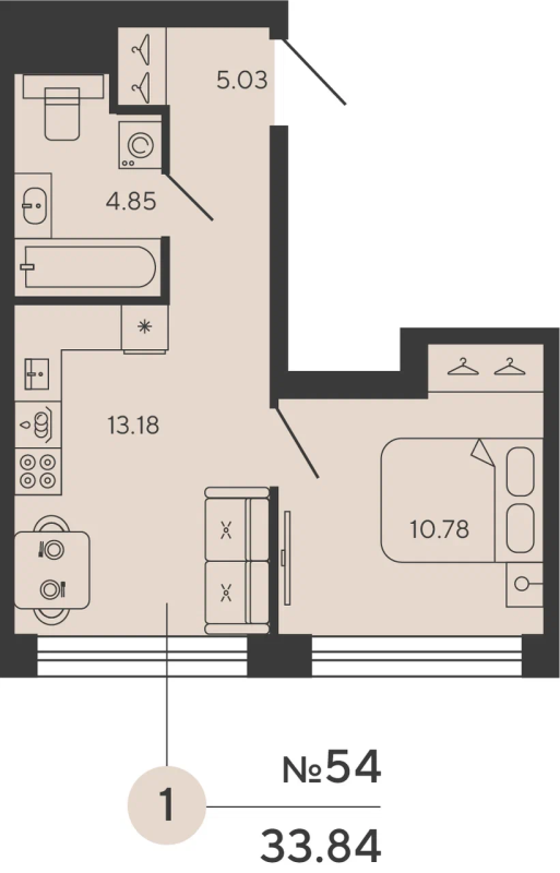 1-комнатная квартира, 33.84 м² в ЖК "Bashni Element" - планировка, фото №1