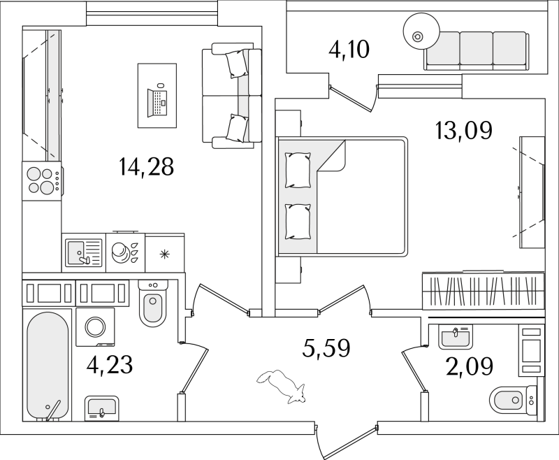 2-комнатная (Евро) квартира, 41.33 м² - планировка, фото №1