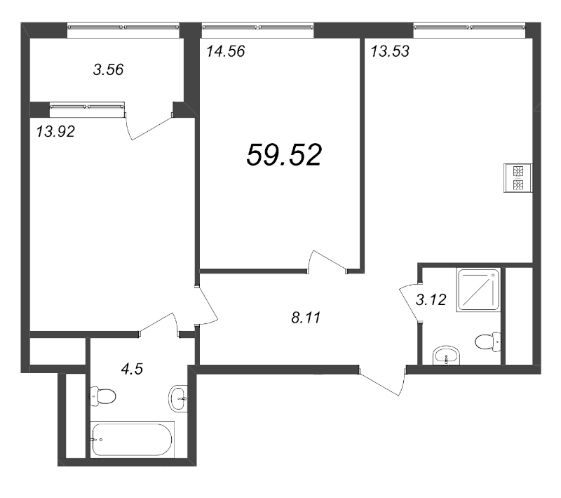 2-комнатная квартира, 59.52 м² - планировка, фото №1
