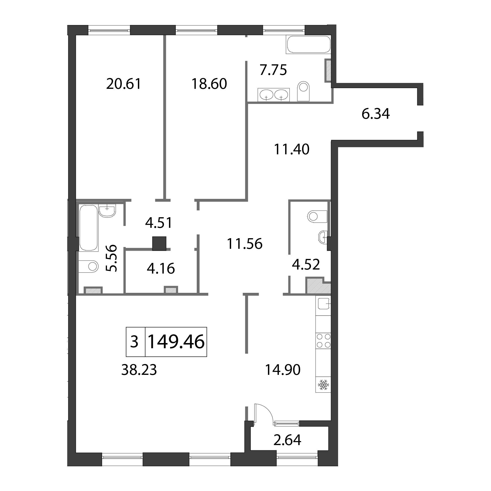 3-комнатная квартира, 149.6 м² - планировка, фото №1