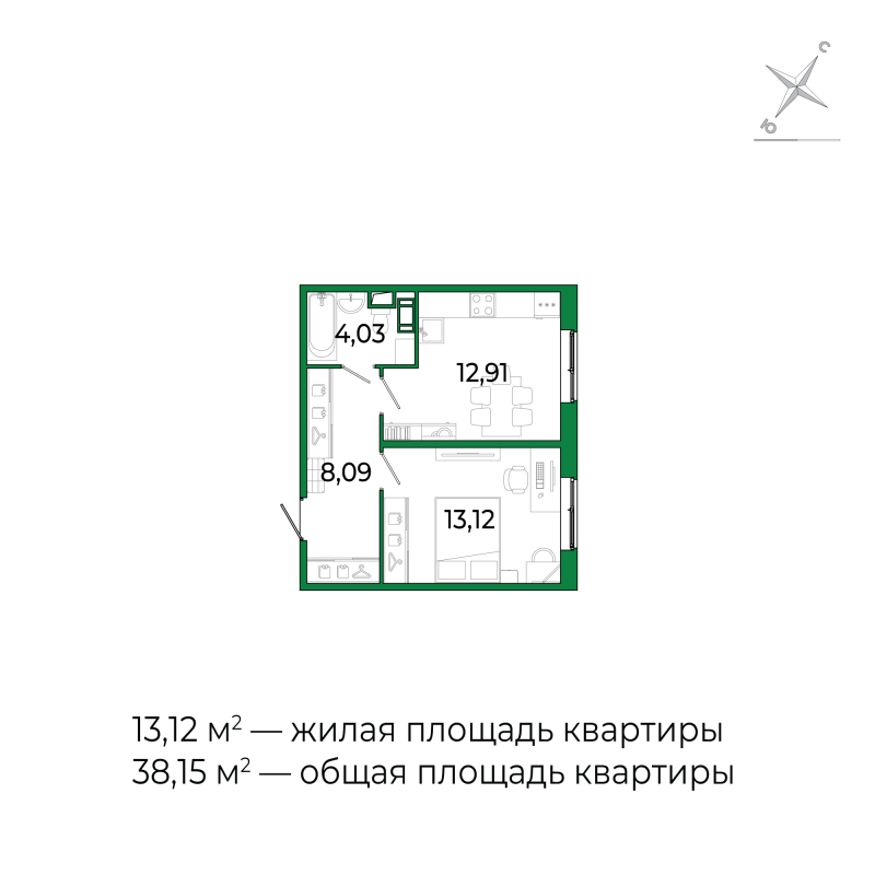 1-комнатная квартира, 37.6 м² в ЖК "Сертолово Парк" - планировка, фото №1