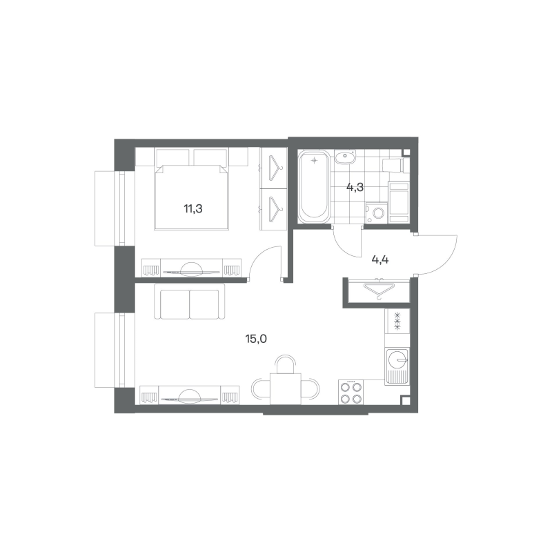 2-комнатная (Евро) квартира, 35 м² в ЖК "Парусная 1" - планировка, фото №1