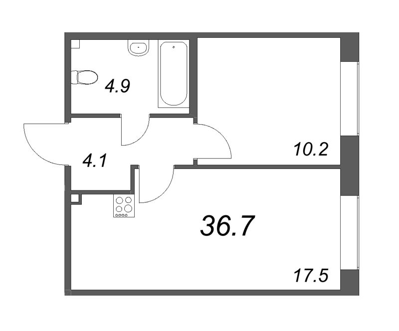 2-комнатная (Евро) квартира, 36.7 м² в ЖК "Парусная 1" - планировка, фото №1