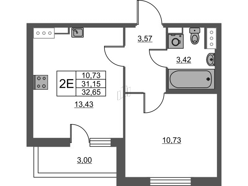 2-комнатная (Евро) квартира, 32.65 м² - планировка, фото №1