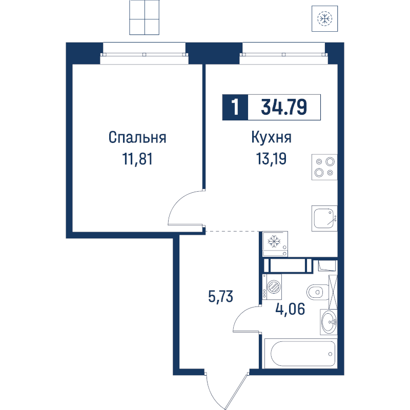 1-комнатная квартира, 34.79 м² в ЖК "Символист" - планировка, фото №1