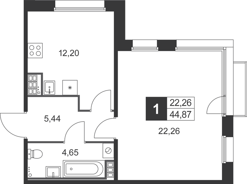 1-комнатная квартира, 44.87 м² в ЖК "Слобода" - планировка, фото №1