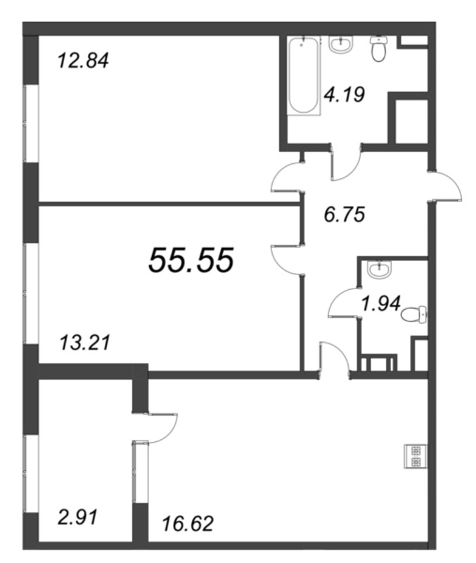 3-комнатная (Евро) квартира, 55.55 м² - планировка, фото №1