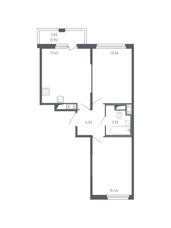 3-комнатная (Евро) квартира, 55.55 м² - планировка, фото №1