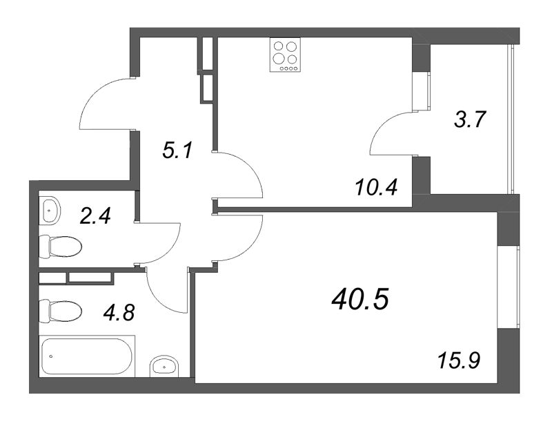 1-комнатная квартира, 40.5 м² в ЖК "Экография" - планировка, фото №1
