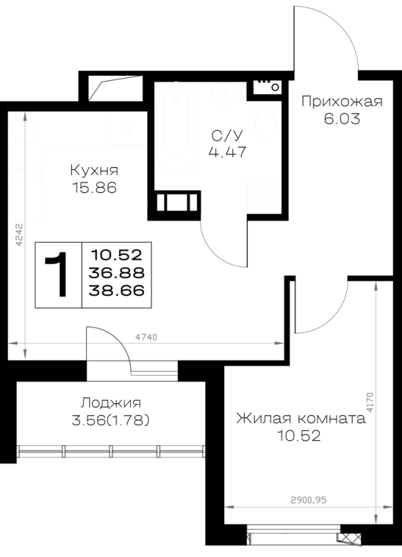 2-комнатная (Евро) квартира, 38.66 м² в ЖК "Борский" - планировка, фото №1