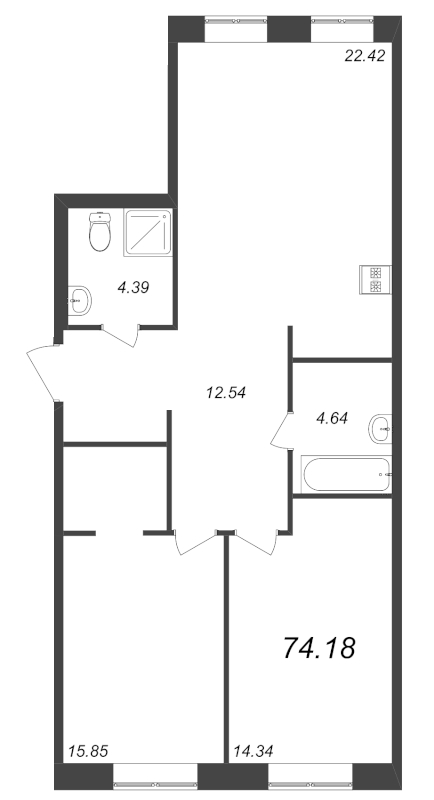 3-комнатная (Евро) квартира, 74.18 м² - планировка, фото №1
