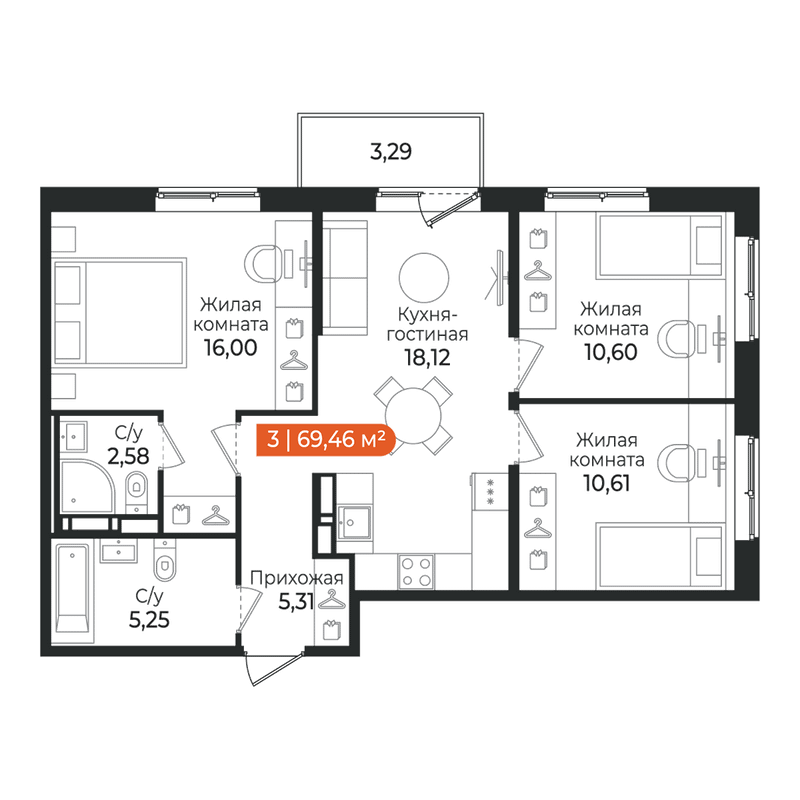 4-комнатная (Евро) квартира, 69.46 м² в ЖК "Алгоритм Квинта" - планировка, фото №1
