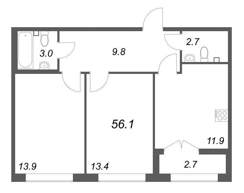 2-комнатная квартира, 56.1 м² в ЖК "Кронунг ЮГ" - планировка, фото №1