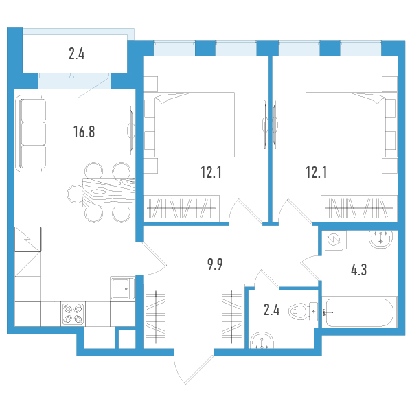 3-комнатная (Евро) квартира, 58.8 м² - планировка, фото №1
