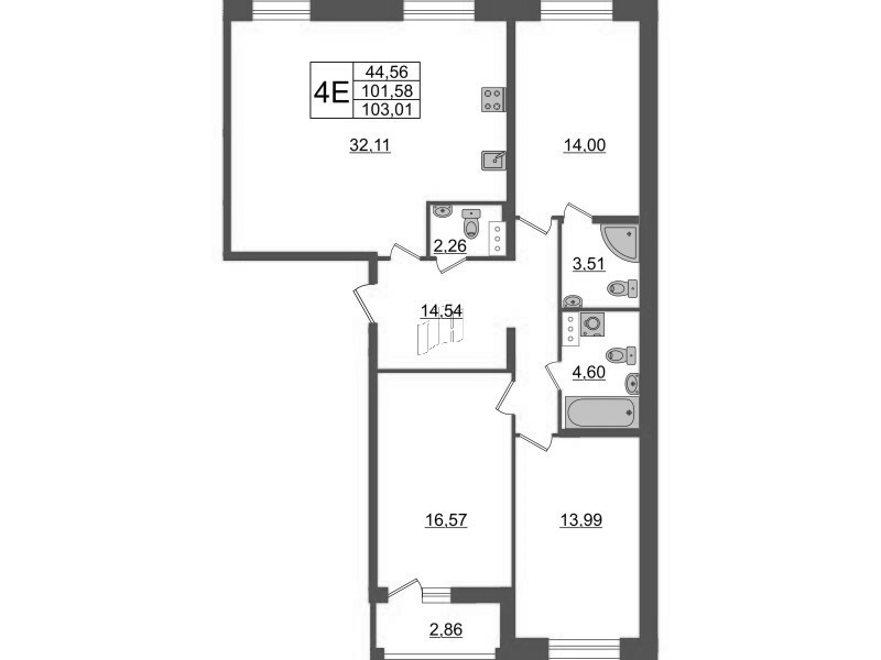4-комнатная (Евро) квартира, 103.01 м² - планировка, фото №1 4-комнатная (Евро) квартира, 103.01 м² - планировка, фото №1
