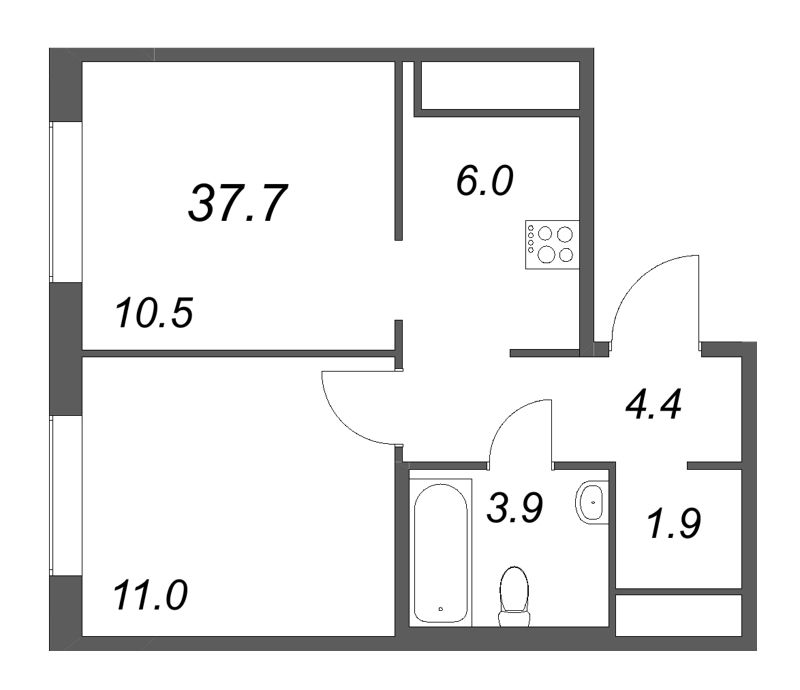 2-комнатная (Евро) квартира, 37.7 м² в ЖК "Передвижники" - планировка, фото №1