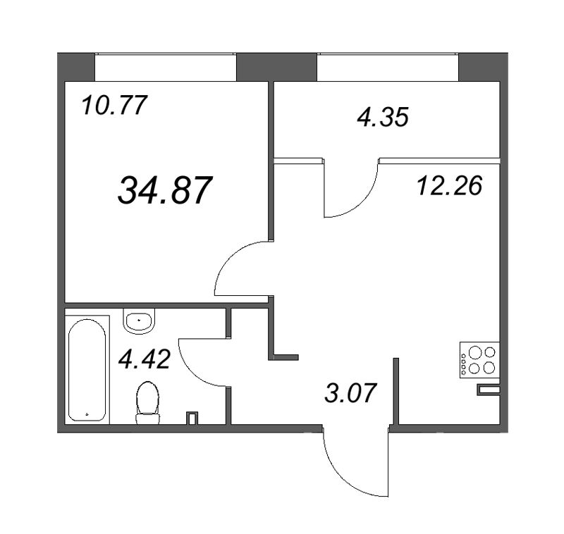 1-комнатная квартира, 34.87 м² - планировка, фото №1