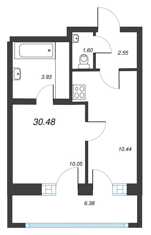 1-комнатная квартира, 30.48 м² - планировка, фото №1
