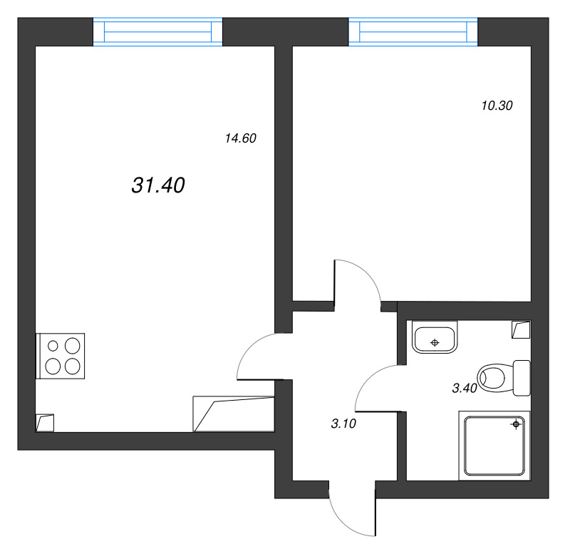 1-комнатная квартира, 31.4 м² в ЖК "Ручьи" - планировка, фото №1