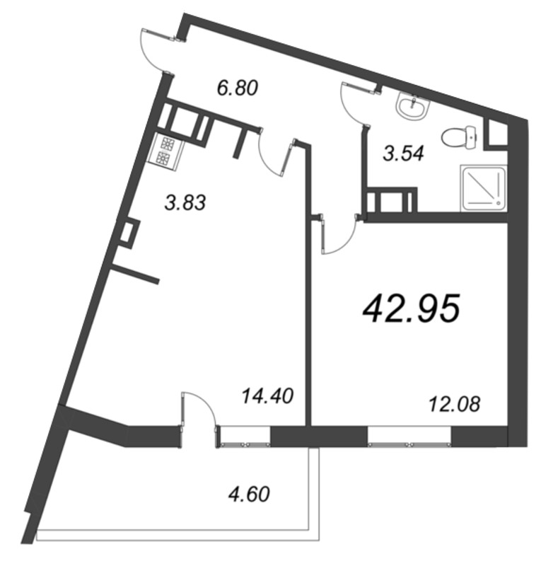 2-комнатная (Евро) квартира, 42.95 м² - планировка, фото №1
