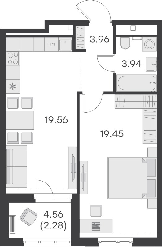 2-комнатная (Евро) квартира, 49.19 м² - планировка, фото №1