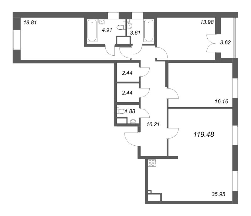 4-комнатная (Евро) квартира, 119.48 м² - планировка, фото №1