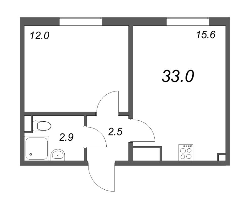 2-комнатная (Евро) квартира, 33 м² в ЖК "ЛСР. Ржевский парк" - планировка, фото №1