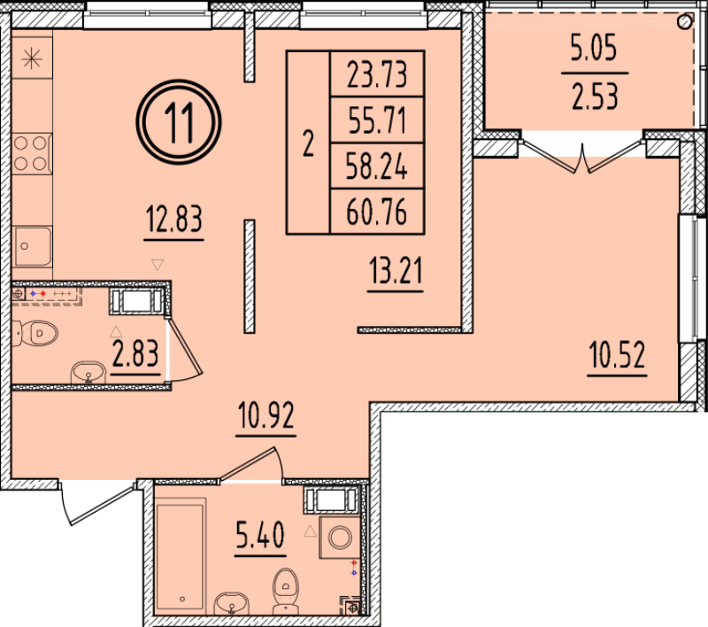 2-комнатная квартира, 55.71 м² в ЖК "Образцовый квартал 6.4" - планировка, фото №1