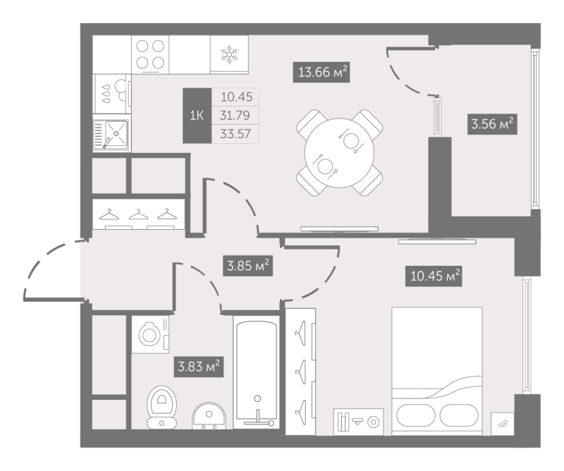 1-комнатная квартира, 33.57 м² - планировка, фото №1